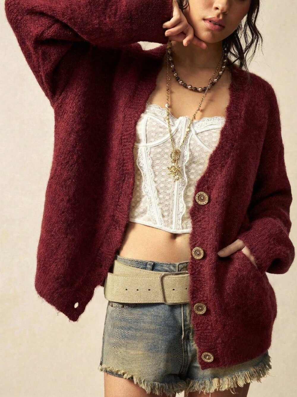 Burgundy Casual Women's Loose Front Button Long Sleeve Knit Cardigan